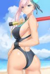  1girl ass asymmetrical_hair back bangs black_swimsuit blue_eyes blue_sky blurry blurry_background breasts bun_cover ckros-15 competition_swimsuit cowboy_shot day fate/grand_order fate_(series) from_behind hair_bun highres large_breasts long_hair looking_at_viewer looking_back miyamoto_musashi_(swimsuit_berserker)_(fate) one-piece_swimsuit outdoors pink_hair sky solo standing swimsuit 