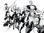  3girls 5boys annette_fantine_dominique arms_up ashe_duran boots bow_(weapon) cape closed_mouth dark_skin dark_skinned_male dedue_molinaro dimitri_alexandre_bladud endou_okito felix_hugo_fraldarius fire_emblem fire_emblem:_three_houses greyscale highres holding holding_bow_(weapon) holding_staff holding_sword holding_weapon ingrid_brandol_galatea long_hair long_sleeves mercedes_von_marltritz monochrome multiple_boys multiple_girls open_mouth polearm short_hair short_sleeves simple_background squatting staff sword sylvain_jose_gautier twintails uniform weapon white_background 