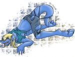  2012 all_fours anthro barefoot blonde_hair blush breasts breath clothing female hair kaitofletcher lizard reptile scalie simple_background solo tongue tongue_out torn_clothing transformation 