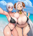  animal_humanoid big_breasts bikini bodily_fluids bovid bovid_humanoid breasts burakku-ra caprine caprine_humanoid cleavage clothed clothing collar cowbell female gesture hi_res horn huge_breasts human humanoid looking_at_viewer mammal mammal_humanoid selfie sheep_humanoid sweat swimwear thick_thighs v_sign voluptuous wide_hips 