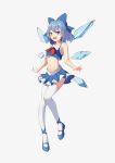  1girl :d absurdres adapted_costume bangs bare_arms bare_shoulders blue_bow blue_eyes blue_footwear blue_hair blue_shirt blue_skirt blush bow bowtie chinese_commentary cirno commentary_request crop_top fang full_body grey_background hair_bow heida_zhu highres ice ice_wings looking_at_viewer mary_janes midriff miniskirt navel open_mouth pleated_skirt red_bow red_neckwear shirt shoes short_hair simple_background skirt skirt_set sleeveless sleeveless_shirt smile solo stomach thighhighs thighs touhou white_legwear wings 