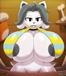  2019 absurd_res anthro big_breasts bottomless breasts canid canine canis clothed clothing digital_drawing_(artwork) digital_media_(artwork) domestic_dog felid feline female fur hi_res huge_breasts looking_at_viewer mammal miso_souperstar nipple_slip nipples signature solo tailwag tem temmie_(undertale) undertale video_games white_fur wide_hips 