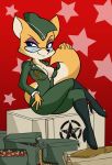  2019 ammunition anthro boots canid canine clothing eyewear female footwear fox glasses hand_on_tail headgear headwear hi_res hidden-cat lt._fox_vixen mammal military_uniform sek_studios simple_background sitting smile solo squirrel_and_hedgehog star uniform 