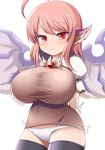  1girl ahoge alternate_breast_size animal_ears arms_behind_back bangs black_legwear blush breasts brown_shirt closed_mouth covered_navel cowboy_shot frown groin highres impossible_clothes impossible_shirt large_breasts looking_at_viewer motion_lines mystia_lorelei no_hat no_headwear no_pants panties pink_hair puffy_short_sleeves puffy_sleeves red_eyes shiny shiny_hair shiny_skin shirt short_hair short_sleeves sidelocks simple_background skin_tight solo standing thighhighs touhou trembling underwear white_background white_panties wings xialu_zajin 