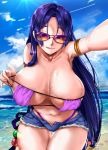  :d bikini blue_eyes blue_hair blush breasts clear_sky cloud collarbone eyebrows eyebrows_behind_hair eyelashes fate/grand_order fate_(series) foxy_rain hair_ornament highres large_breasts lips long_hair looking_at_viewer low-tied_long_hair minamoto_no_raikou_(fate/grand_order) navel ocean open_mouth patreon patreon_logo sand seaside shiny shiny_hair shiny_skin short_shorts shorts signature sky smile snapchat solo sun sunglasses sunlight sweat swimsuit thick_thighs thigh_gap thighs thong_panties tongue tongue_out very_long_hair water waves 