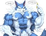  2019 5:4 5_fingers abs anthro biceps black_nose blue_fur canid canine canis capcom captainjohkid claws darkstalkers dialogue english_text eyebrows fingers fur gesture jon_talbain male mammal multicolored_fur muscular muscular_male neck_tuft nude pecs pointing pointing_up pubes simple_background solo text tuft two_tone_fur video_games were werecanid werecanine werewolf white_background white_fur wolf 