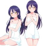  1girl absurdres bangs between_legs blue_hair blush closed_mouth collarbone commentary_request covering covering_breasts covering_crotch cowboy_shot embarrassed hair_between_eyes hand_between_legs highres long_hair looking_at_viewer love_live! love_live!_school_idol_project multiple_persona naked_towel parted_lips simple_background sitting solo sonoda_umi standing towel wet wewe white_background white_towel yellow_eyes 