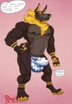  2019 4_toes 5_fingers animate_inanimate anpii anthro anubian_jackal biceps blonde_hair blue_eyes brown_skin bulge canid canine canis capcom claws clothing darkstalkers digitigrade english_tex facial_piercing fingerpads fingers grey_skin grin hair hand_on_hip hi_res hungothenomster jackal jon_talbain looking_down male mammal mane markings multicolored_skin muscular muscular_male muscular_thighs nose_piercing nose_ring pawpads paws pecs piercing pink_background simple_background smile speech_bubble standing text tight_underwear toes two_tone_skin underwear underwear_transformation video_games 