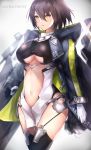  1girl absurdres ahoge azur_lane baltimore_(azur_lane) bangs black_leotard blush boots braid breasts brown_hair center_opening coat cowboy_shot floating_hair gloves hair_between_eyes highres large_breasts leotard looking_at_viewer navel open_clothes open_coat open_mouth pelvic_curtain purple_coat rigging ruwoka short_hair simple_background solo stomach thigh_boots thighhighs underboob_cutout white_background yellow_eyes 