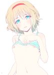  1girl alice_margatroid bangs bare_arms bare_shoulders blonde_hair blue_bra blue_eyes blush bra bra_lift breasts collarbone commentary_request eyebrows_visible_through_hair hair_between_eyes hairband hand_up head_tilt highres looking_at_viewer navel nipples nirap parted_lips red_hairband short_hair simple_background small_breasts solo stomach touhou underwear upper_body white_background 