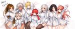  6+girls absurdres artist_name bandage_on_face bed black_eyes black_hair black_legwear blonde_hair blue_eyes bob_cut brown_eyes brown_hair covering_mouth creator_(dungeon_and_fighter) dark_skin dole_(lo628) dungeon_and_fighter earrings female_gunner_(dungeon_and_fighter) female_priest_(dungeon_and_fighter) female_slayer_(dungeon_and_fighter) fighter_(dungeon_and_fighter) garter_belt glasses heart highres jewelry knight_(dungeon_and_fighter) long_hair mage_(dungeon_and_fighter) multiple_girls naked_shirt pink_hair pointy_ears ponytail red_eyes shirt smile thief_(dungeon_and_fighter) twintails white_hair wrapping 