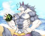  2019 5:4 abs anthro beach biceps black_nose canid canine canis captainjohkid claws clothing digital_media_(artwork) food fruit fur male mammal melon muscular muscular_male outside pecs plant seaside simple_background sky summer swimwear water wolf 