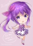  1girl :d amedamacon apron bangs bare_shoulders big_head blush bow character_name chibi commentary_request copyright_name eyebrows_visible_through_hair full_body gochuumon_wa_usagi_desu_ka? hair_between_eyes hair_ribbon heart kneehighs long_hair looking_at_viewer open_mouth purple_bow purple_eyes purple_footwear purple_hair purple_skirt purple_vest red_ribbon ribbon shadow shoes side_ponytail sidelocks skirt smile solo striped striped_bow tedeza_rize twitter_username vertical-striped_skirt vertical_stripes very_long_hair vest waist_apron white_apron white_legwear wrist_cuffs 