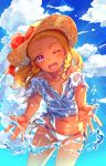  1girl ;d absurdres amamiya_erena bare_shoulders bikini blonde_hair blue_sky blush bow braid breasts brown_headwear choker cleavage cloud cloudy_sky collarbone commentary_request cowboy_shot dark_skin day floating_hair hat hat_bow head_tilt highres leaning_forward long_hair looking_at_viewer mole mole_under_eye navel off-shoulder_shirt off_shoulder one_eye_closed open_mouth orange_bow outstretched_arms pink_eyes precure satou_(kuso-neet) shiny shiny_skin shirt short_sleeves side-tie_bikini side_braid sky small_breasts smile solo sparkle standing star_twinkle_precure sun_hat swimsuit tied_shirt water wet wet_clothes wet_shirt white_bikini 