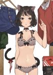  1girl animal_ears ass_visible_through_thighs bangs black_bow black_hair blush bow box bra brown_eyes cat_ears cat_tail choker clothes clothes_hanger cover_image crescent frilled_bra frilled_panties frills navel original panties short_hair solo standing swept_bangs tail teshima_nari underwear underwear_only 