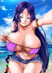  :d bikini blue_eyes blue_hair blush breasts clear_sky cloud collarbone eyebrows eyebrows_behind_hair eyelashes fate/grand_order fate_(series) foxy_rain hair_ornament highres large_breasts lips long_hair looking_at_viewer low-tied_long_hair minamoto_no_raikou_(fate/grand_order) navel ocean open_mouth patreon patreon_logo sand seaside shiny shiny_hair shiny_skin short_shorts shorts signature sky smile snapchat solo sun sunlight sweat swimsuit thick_thighs thigh_gap thighs thong_panties tongue tongue_out very_long_hair water waves 