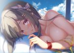  1girl alternate_costume bangs bikini blue_sky blurry blush breasts brown_eyes cleavage collarbone day depth_of_field eyebrows_visible_through_hair eyes_visible_through_hair grey_hair hair_ornament hairband hairclip haruna_(kantai_collection) highres kantai_collection large_breasts long_hair looking_at_viewer lying mafuyun on_side open_mouth outdoors shade sidelocks sky smile solo swimsuit topless untied untied_bikini white_hairband wristband 
