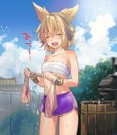  1girl bandages bangs bare_arms bare_shoulders blonde_hair blue_sky blush bracelet breasts bucket cleavage closed_eyes cloud collarbone commentary_request cowboy_shot day earmuffs eyebrows_visible_through_hair hair_between_eyes holding jewelry makuwauri medium_breasts midriff open_mouth outdoors pointy_hair purple_shorts sarashi short_hair short_shorts shorts sky solo standing stomach thighs touhou toyosatomimi_no_miko translation_request tree water water_drop wooden_bucket wringing 