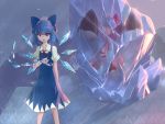  2girls absurdres bangs bat_wings blue_bow blue_dress blue_eyes blue_hair bow chinese_commentary cirno commentary_request crystal_sword dress eyebrows_visible_through_hair feet_out_of_frame from_behind frozen gaanzi hair_between_eyes hair_bow hat hat_ribbon highres ice ice_wings mob_cap multiple_girls neck_ribbon open_mouth pinafore_dress pink_dress pink_headwear puffy_short_sleeves puffy_sleeves red_neckwear red_ribbon remilia_scarlet ribbon shattering shirt short_hair short_sleeves spear_the_gungnir standing sword touhou weapon white_shirt wings 