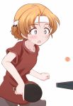  1girl ball bangs blue_eyes braid eyebrows_visible_through_hair girls_und_panzer hadzuki_haru highres open_mouth orange_hair orange_pekoe paddle parted_bangs shirt short_hair simple_background solo sweat t-shirt table_tennis table_tennis_ball table_tennis_paddle twin_braids white_background 