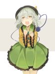 1girl :o bangs black_headwear bow clenched_hand collarbone commentary_request cowboy_shot crying crying_with_eyes_open eyebrows_visible_through_hair frilled_shirt_collar frilled_sleeves frills green_hair green_skirt grey_background hair_between_eyes hands_up hat hat_bow komeiji_koishi long_sleeves looking_at_viewer miniskirt open_mouth rin_falcon shirt short_hair skirt solo standing tears third_eye touhou two-tone_background white_background wide_sleeves yellow_bow yellow_eyes yellow_shirt 