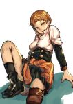  1girl absurdres boots driftingtiger fire_emblem fire_emblem:_three_houses highres leonie_pinelli open_mouth orange_eyes orange_hair short_hair sitting solo teeth white_background 