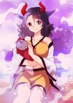  1girl animal_ears animal_print bare_shoulders black_hair breasts collarbone cow_ears cow_horns cow_print eyebrows_visible_through_hair feet_out_of_frame grey_hair hair_between_eyes haori holding horns japanese_clothes large_breasts long_sleeves looking_at_viewer makuwauri midriff multicolored_hair navel off_shoulder red_eyes short_hair short_shorts shorts sitting smile solo sports_bra steam touhou two-tone_hair ushizaki_urumi wide_sleeves yellow_shorts 