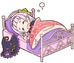  1girl bangs bed blanket blunt_bangs closed_eyes hair_ornament hat hololive hot_kakigoori long_hair lowres lying murasaki_shion o_o open_mouth pillow purple_pillow shark sleeping solo stuffed_animal stuffed_toy virtual_youtuber white_background white_hair witch_hat 