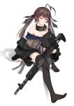  1girl absurdres antenna_hair bare_shoulders battle_rifle black_hair black_legwear breasts coat eyebrows eyebrows_visible_through_hair girls_frontline goggles goggles_around_neck gun highres holding holding_gun holding_weapon large_breasts long_hair long_sleeves looking_at_viewer loose_clothes m14 m14_(girls_frontline) neck_ribbon no_shoes ribbon rifle shadow simple_background sitting smug solo thigh_gap trigger_discipline twintails vectorek weapon white_background yellow_eyes 