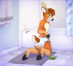  2018 anthro antlers applepup bathroom bathtub black_nose cervid diaper feces furgonomics green_eyes hi_res horn kneeling looking_back mammal messy_diaper rug soap soiling solo towel 