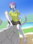 2019 5_fingers 5_toes absurd_res anthro breasts clothed clothing day detailed_background digital_media_(artwork) dragon female fingers grass hair hi_res ldr markings non-mammal_breasts outside pink_eyes purple_hair sitting sky smile solo toes wingless_dragon 