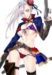  1girl american_flag_bikini asymmetrical_hair bangs belt bikini blue_eyes blush breasts bun_cover cleavage commentary_request dual_wielding fate/grand_order fate_(series) flag_print gunblade gunxsword hair_bun highres holding large_breasts long_hair looking_at_viewer miyamoto_musashi_(fate/grand_order) miyamoto_musashi_(swimsuit_berserker)_(fate) musical_note navel open_mouth pink_hair pvc_parfait shrug_(clothing) smile solo swept_bangs swimsuit thighhighs thighs twitter_username weapon white_background 