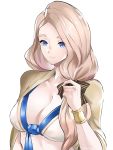  1girl bikini blonde_hair blue_eyes bow breasts cleavage closed_mouth fire_emblem fire_emblem:_three_houses hair_bow highres long_hair low_ponytail mercedes_von_marltritz simple_background smile solo swimsuit the_kingduke upper_body white_background 