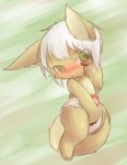  2018 anthro blush brown_fur covering covering_self cub diaper embarrassed female fur green_eyes hair lagomorph made_in_abyss mammal nanachi narehate rugia1992 solo white_hair young 