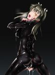  1girl blush bodysuit clothed_masturbation dark_background fingering fingering_through_clothes green_hair highres kantai_collection living_clothes long_hair masturbation masturbation_through_clothing open_mouth parazan_d pussy_juice saliva skin_tight solo sweat tears tentacle_clothes tentacles through_clothes twintails yellow_eyes zuikaku_(kantai_collection) 