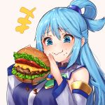  1girl aqua_(konosuba) blue_dress blue_eyes blue_hair blush breasts cheese commentary detached_sleeves dress eating eyebrows_visible_through_hair flesh food hair_ornament hamburger holding holding_food kono_subarashii_sekai_ni_shukufuku_wo! lettuce long_hair pensuke revision simple_background thighhighs tomato wavy_mouth white_background 