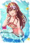  1girl :d bare_arms bare_shoulders bikini blurry breasts brown_eyes brown_hair bubble caustics choker cleavage commentary_request depth_of_field eyewear_on_head floral_print flower hand_up heart heart-shaped_eyewear hibiscus highres idolmaster idolmaster_shiny_colors jewelry light_rays long_hair looking_at_viewer medium_breasts necklace okutomi_fumi oosaki_amana open_mouth print_bikini purple_flower sidelocks sitting smile solo sunbeam sunglasses sunlight swimsuit water yellow_flower 