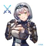  1girl :p armor arpeggio_kaga bangs belt belt_buckle black_armor black_gloves blue_collar braid breastplate breasts buckle buttons circlet cleavage cleavage_cutout collar eyebrows_visible_through_hair fingerless_gloves gloves gold_trim highres hololive large_breasts medium_hair shirogane_noel shoulder_armor signature solo sword tongue tongue_out upper_body virtual_youtuber weapon white_background white_hair wrist_guards 