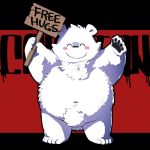  1:1 2019 5_fingers 5_toes abstract_background anthro belly biped black_pawpads blush chest_tuft crotch_tuft english_text eyes_closed fingers fur hijirinoyuta holding_object holding_sign male mammal navel nude overweight overweight_male pawpads paws polar_bear sign smile solo standing text toes tuft ursid ursine white_fur 
