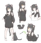  1girl animal animal_ear_fluff animal_ears bangs bare_shoulders barefoot black_cat black_hair blue_eyes braid cat cat_ears cat_girl cat_tail cat_teaser crown eyebrows_visible_through_hair fang hair_between_eyes heterochromia highres keiran_(ryo170) long_hair long_sleeves mini_crown multiple_views one_eye_closed open_mouth original pillow pillow_hug standing tail tears tilted_headwear very_long_hair yellow_eyes 