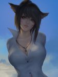  1girl animal_ears arms_behind_back black_hair blue_sky breasts brown_eyes cat_ears cleavage commission facial_mark final_fantasy final_fantasy_xiv highres jewelry large_breasts lips medium_hair miqo&#039;te necklace nguyen_uy_vu outdoors parted_lips shirt sky smile solo sunrise upper_body whisker_markings white_shirt 