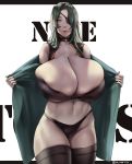  absurdres breasts exposure gigantic_breasts green_hair green_jacket highres jacket large_breasts oliverror pale_skin self_upload tagme thick_thighs thighs yellow_eyes 