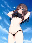  1girl armpits bare_arms bikini black_bikini blue_eyes blue_sky blush brown_hair commentary_request day from_below green_eyes hair_between_eyes highres idolmaster idolmaster_cinderella_girls long_hair looking_at_viewer micro_bikini navel okuri_banto parted_lips shibuya_rin sky solo swimsuit 