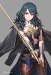  1girl arm_guards armor black_cloak black_shorts blue_eyes blue_hair breasts brown_legwear byleth_(fire_emblem)_(female) cape cloak closed_mouth cowboy_shot cuboon dagger eyebrows_visible_through_hair fire_emblem fire_emblem:_three_houses grey_background holding holding_sword holding_weapon long_hair medium_breasts navel pantyhose short_shorts shorts simple_background solo sword twitter_username uniform weapon 