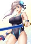  1girl asymmetrical_hair blue_eyes blue_swimsuit breasts bun_cover collarbone commentary_request cowboy_shot dated eyebrows_visible_through_hair fate/grand_order fate_(series) hair_bun highres holding holding_weapon large_breasts legs_apart long_hair looking_at_viewer miyamoto_musashi_(fate/grand_order) open_mouth outstretched_arm ryou_(pix_gallerio) signature silver_hair solo standing swimsuit weapon wristband 