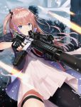  1girl akabane_hibame ar-15 assault_rifle blue_eyes closed_mouth commentary_request eyebrows_visible_through_hair fingerless_gloves girls_frontline gloves gun hair_ribbon highres holding holding_gun holding_weapon jacket magazine_(weapon) multicolored_hair one_side_up pink_hair ribbon rifle scope side_ponytail single_thighhigh solo st_ar-15_(girls_frontline) thighhighs weapon 