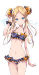  1girl abigail_williams_(fate/grand_order) arm_up background_text bangs bare_arms bare_shoulders bikini black_bikini black_bow blonde_hair blue_eyes blush bow breasts closed_mouth collarbone commentary_request double_bun emerald_float eyebrows_visible_through_hair fate/grand_order fate_(series) forehead groin hair_bow heart highres long_hair moupii_(hitsuji_no_ki) navel orange_bow parted_bangs polka_dot polka_dot_bow sidelocks simple_background small_breasts smile solo swimsuit twitter_username white_background 