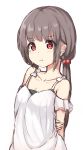  1girl :t arm_behind_back arm_grab bangs bare_shoulders blush breasts brown_hair cleavage closed_mouth collarbone dress eyebrows_visible_through_hair hair_bobbles hair_ornament highres keiran_(ryo170) long_hair low_twintails original pout red_eyes sidelocks simple_background sketch sleeveless sleeveless_dress small_breasts solo twintails v-shaped_eyebrows very_long_hair white_background white_dress 