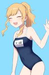  1girl arm_up bangs bare_arms bare_shoulders blonde_hair blue_background blue_swimsuit blush breasts cho628 closed_eyes collarbone commentary_request eyebrows_visible_through_hair highres idolmaster idolmaster_cinderella_girls medium_breasts ootsuki_yui ponytail school_swimsuit sidelocks simple_background smile solo swimsuit translation_request upper_teeth wavy_hair 