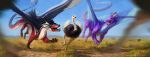  2019 alsares ambiguous_gender ariesredlo avian bird black_tongue blue_scales claws day detailed_background digital_media_(artwork) dragon feral flying grass group horn membrane_(anatomy) membranous_wings open_mouth ostrich outside purple_scales ratite red_scales savanna scales scalie sky spines standing teeth tongue western_dragon white_scales wings 
